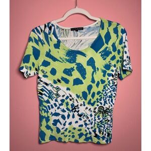 Pieri New York Abstract Print Top Womens M Green Blue Sequin Knit Excellent